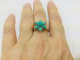 10k Yellow Gold Round Cut Cabochon Turquoise December Birthstone Floral Ring