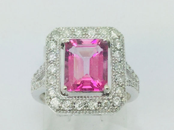14k White Gold Emerald Cut 2.50ct Pink Topaz & 0.53ct Diamond Ring