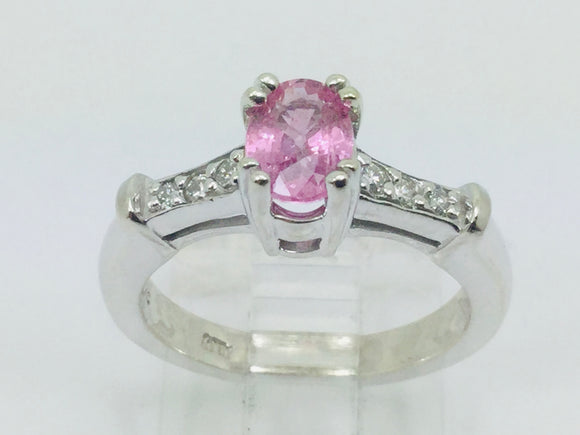 14k White Gold Oval Cut 0.65ct Pink Topaz & 9pt Diamond Ring