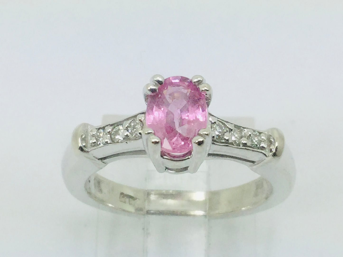 14k White Gold Oval Cut 0.65ct Pink Topaz & 9pt Diamond Ring