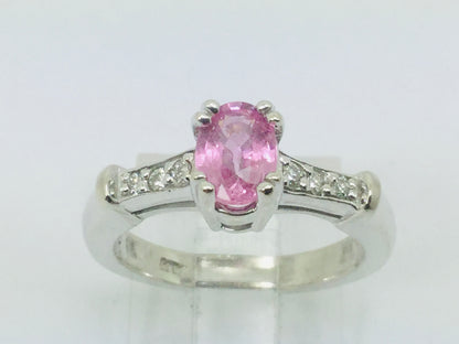 14k White Gold Oval Cut 0.65ct Pink Topaz & 9pt Diamond Ring