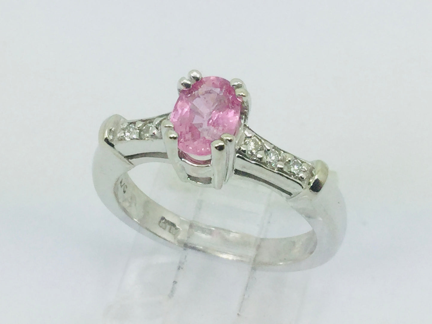 14k White Gold Oval Cut 0.65ct Pink Topaz & 9pt Diamond Ring