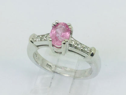 14k White Gold Oval Cut 0.65ct Pink Topaz & 9pt Diamond Ring