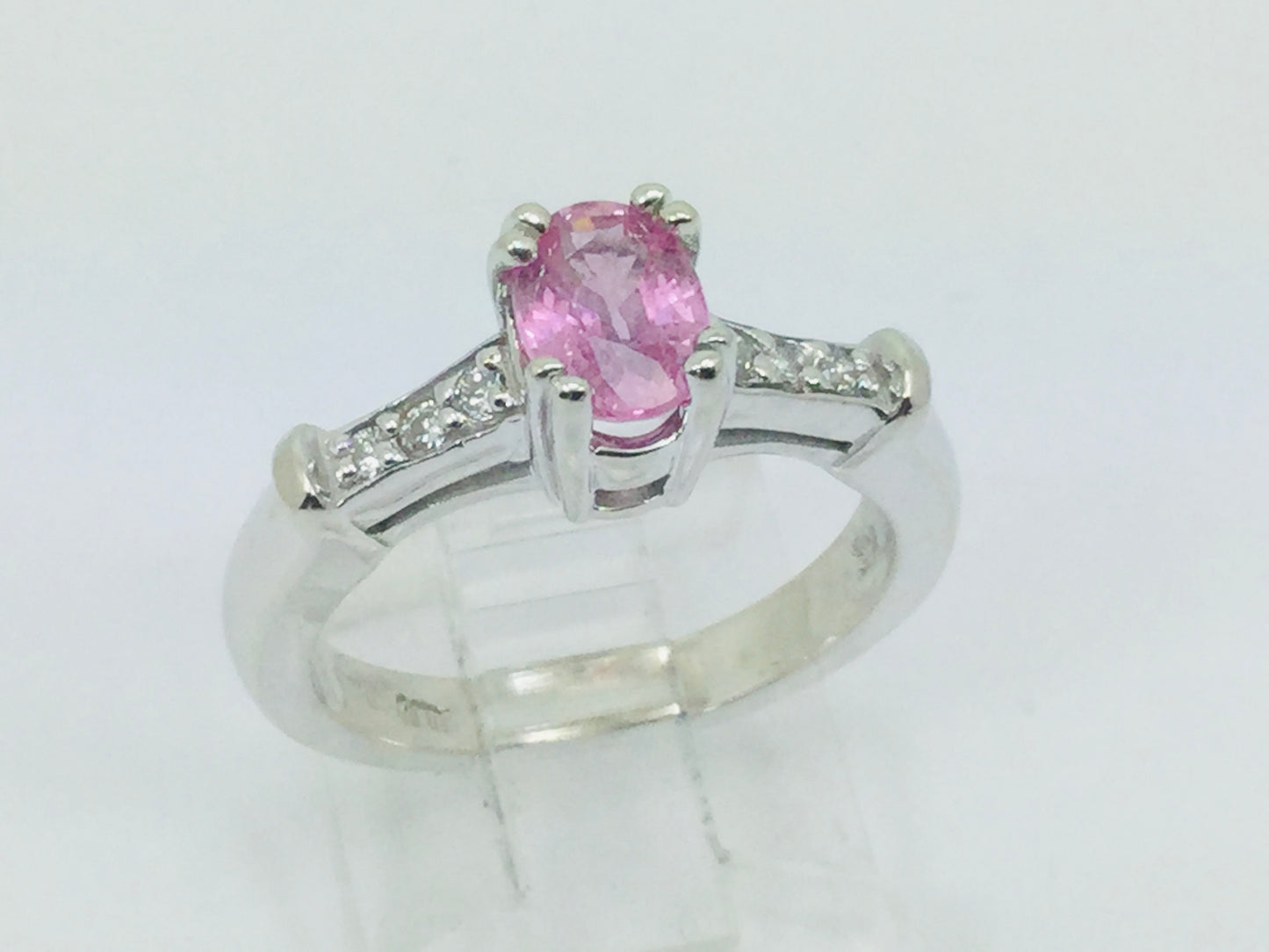14k White Gold Oval Cut 0.65ct Pink Topaz & 9pt Diamond Ring
