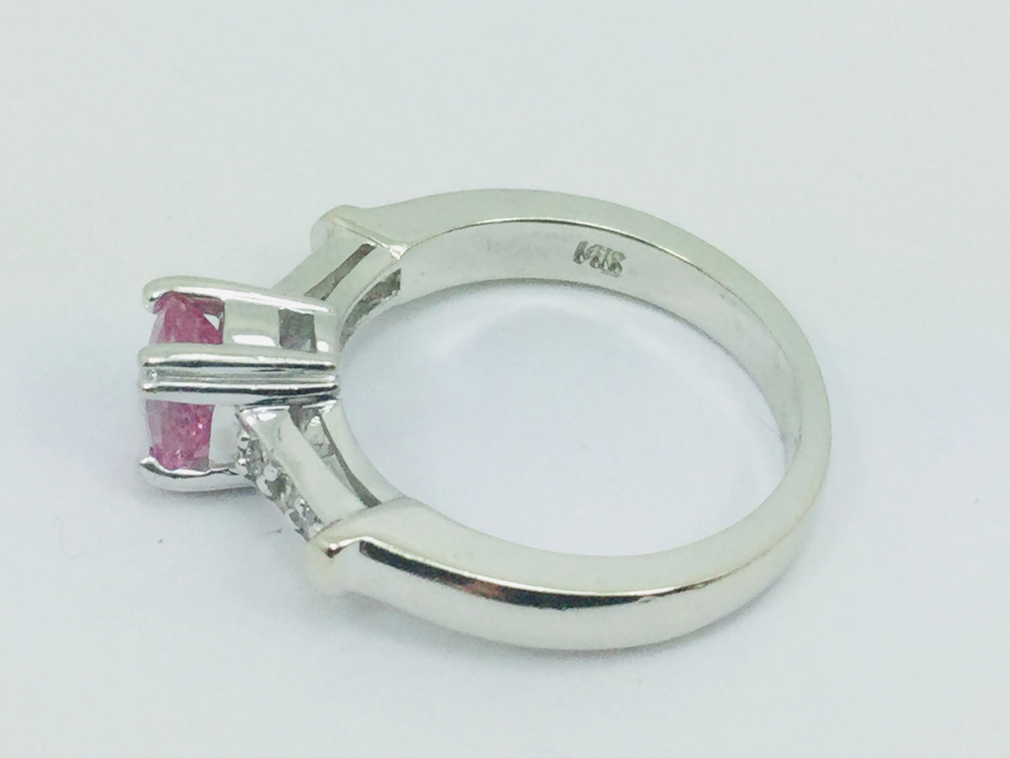 14k White Gold Oval Cut 0.65ct Pink Topaz & 9pt Diamond Ring