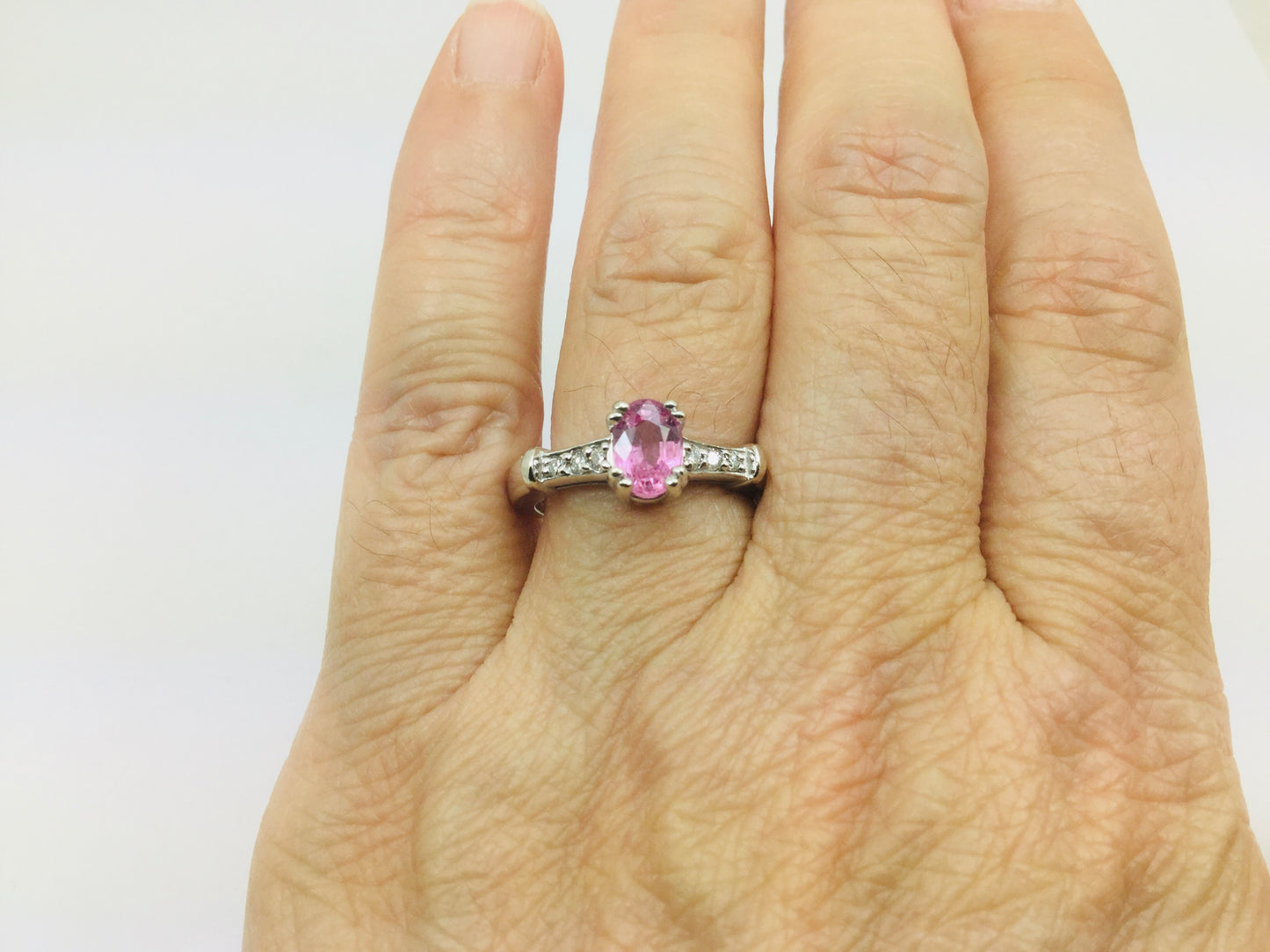 14k White Gold Oval Cut 0.65ct Pink Topaz & 9pt Diamond Ring