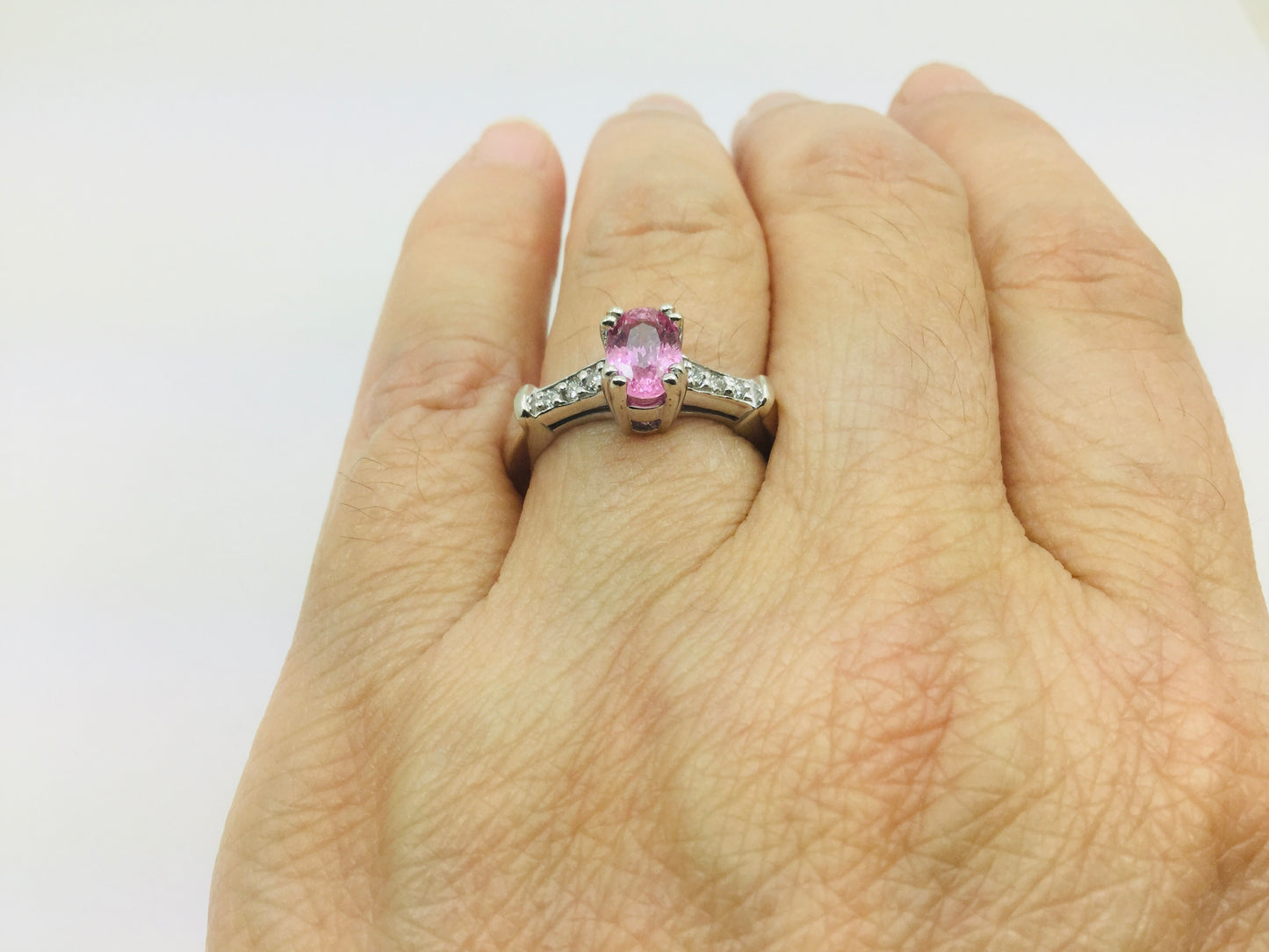 14k White Gold Oval Cut 0.65ct Pink Topaz & 9pt Diamond Ring