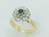14k Yellow and White Gold Oval Cut 0.15ct Sapphire September Birthstone & 0.32ct Diamond Cluster Ring