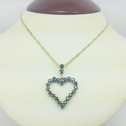 14k Yellow Gold Round Cut 1.32ct Sapphire Heart Pendent & Twisted Link Necklace
