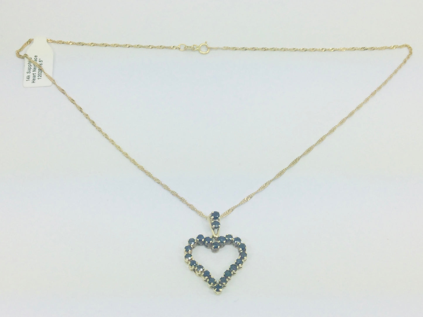 14k Yellow Gold Round Cut 1.32ct Sapphire Heart Pendent & Twisted Link Necklace