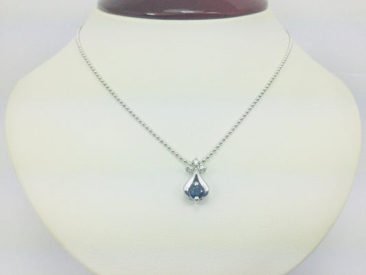 Platinum Round Cut 25pt Sapphire & Diamond Pendent and 14k White Gold Chain