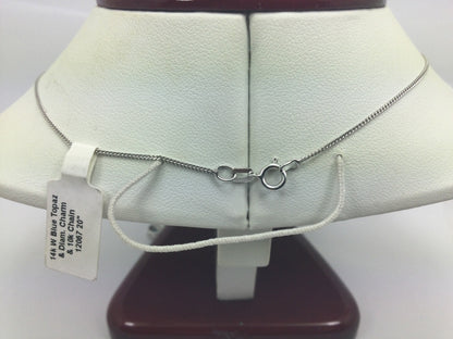 14k White Gold Round Cut Blue Topaz & Diamond Pendent and 10k Gold Chain Necklace