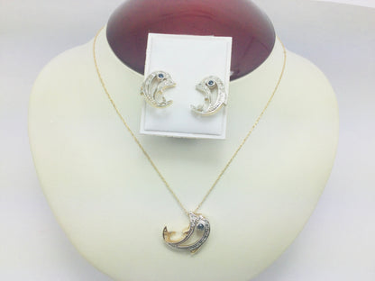 10k Yellow Gold Dolphin with Round Cut Sapphire and 8pt Diamond Necklace and Earring Set