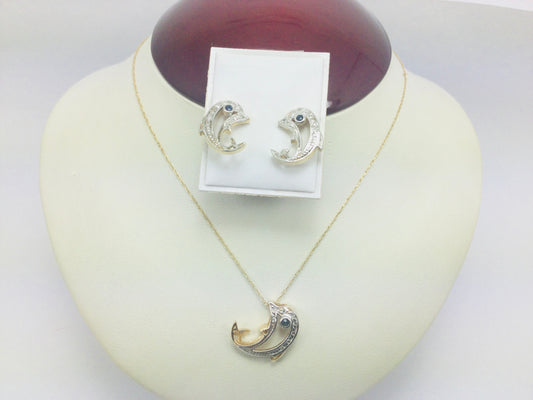 10k Yellow Gold Dolphin with Round Cut Sapphire and 8pt Diamond Necklace and Earring Set