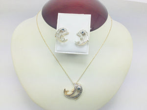 10k Yellow Gold Round Cut Sapphire and 8pt Diamond Necklace and Earring Set