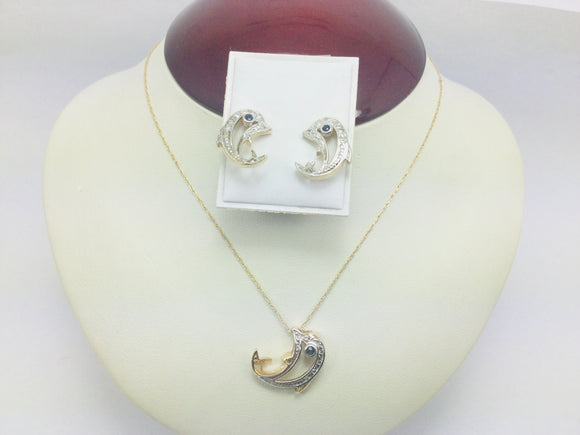 10k Yellow Gold Round Cut Sapphire and 8pt Diamond Necklace and Earring Set