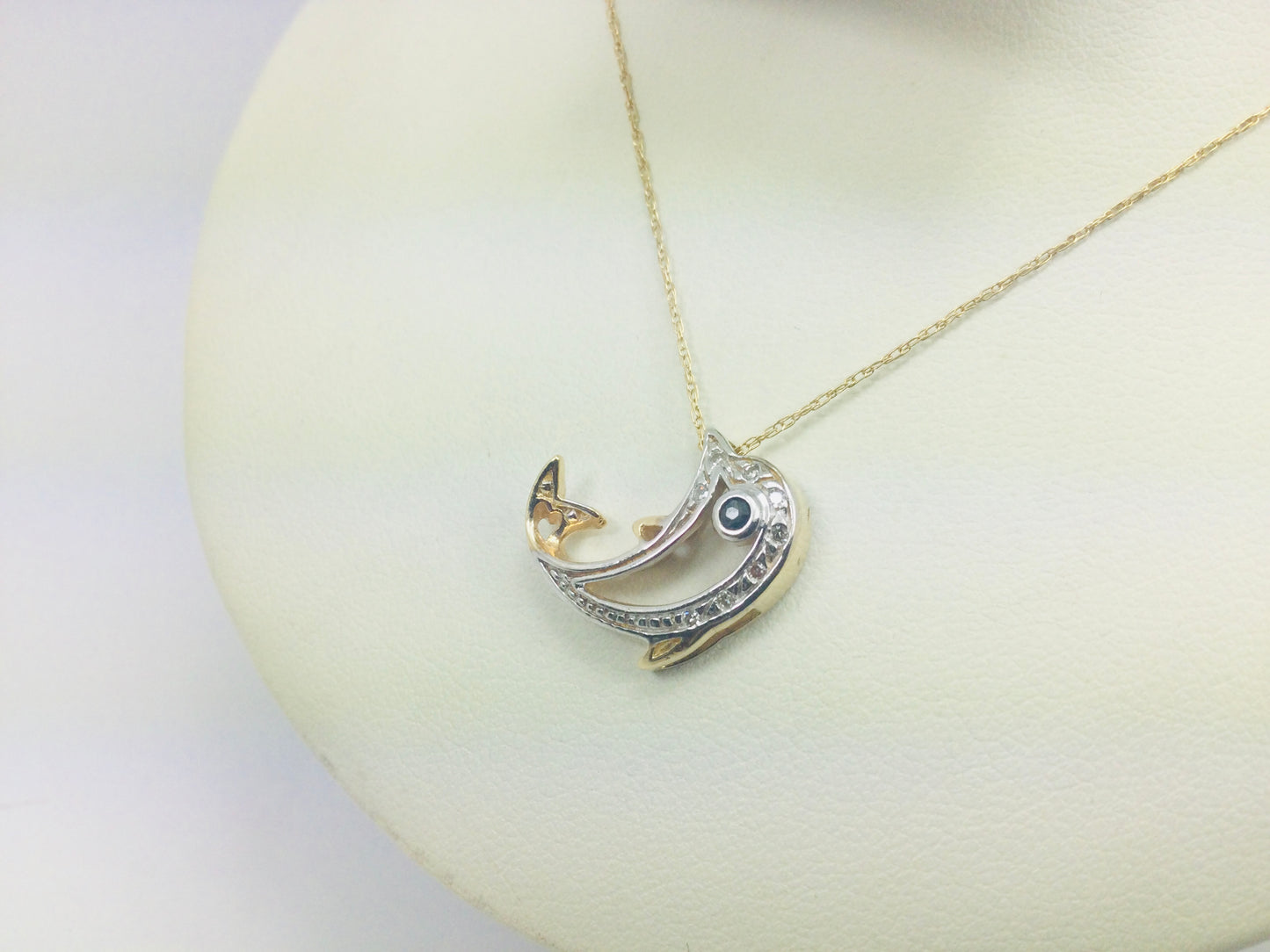 10k Yellow Gold Dolphin with Round Cut Sapphire and 8pt Diamond Necklace and Earring Set