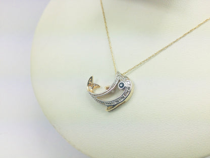 10k Yellow Gold Dolphin with Round Cut Sapphire and 8pt Diamond Necklace and Earring Set