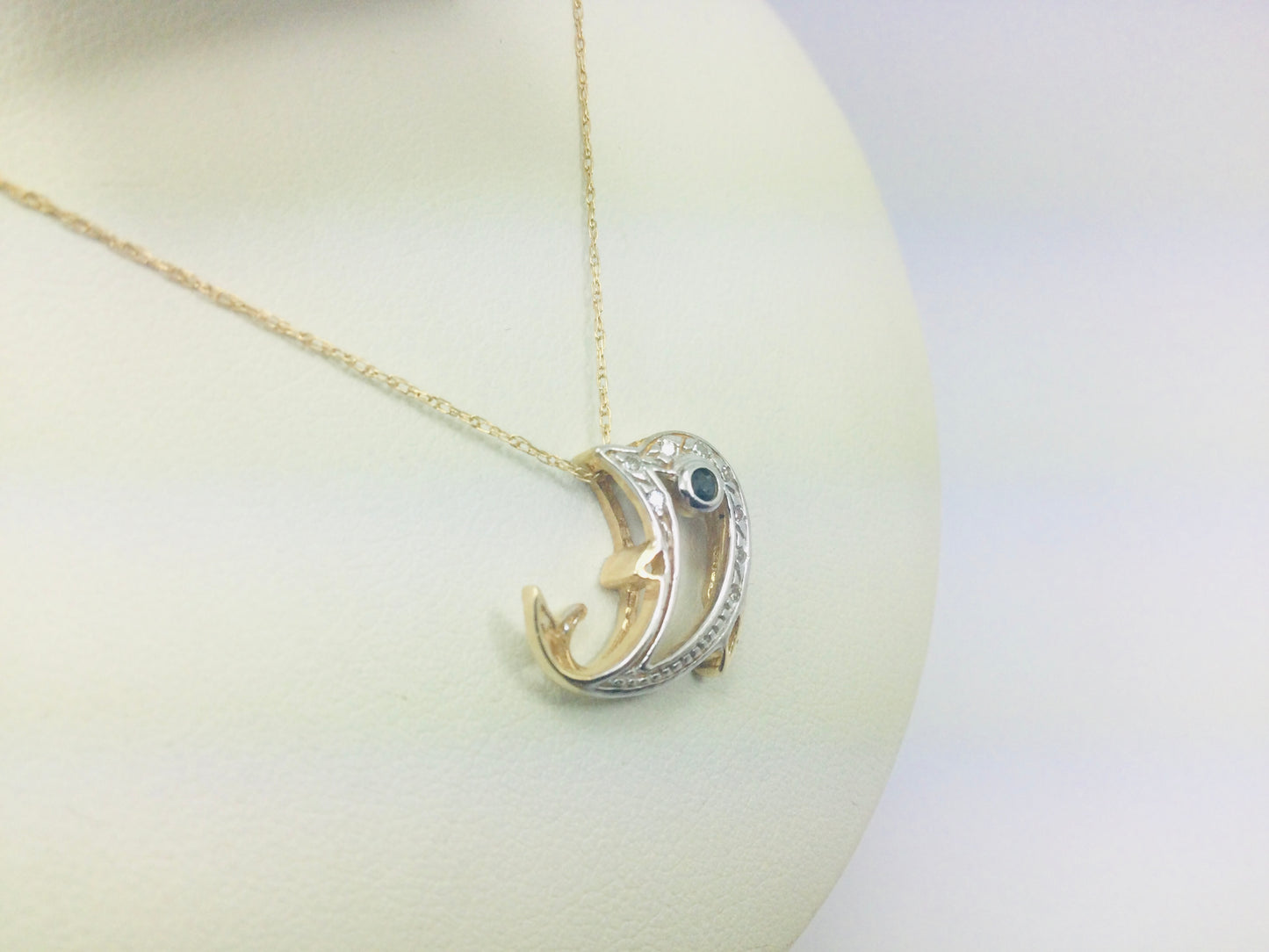 10k Yellow Gold Dolphin with Round Cut Sapphire and 8pt Diamond Necklace and Earring Set