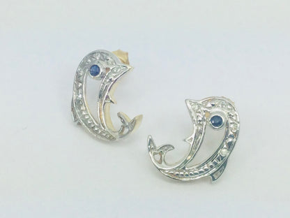 10k Yellow Gold Dolphin with Round Cut Sapphire and 8pt Diamond Necklace and Earring Set