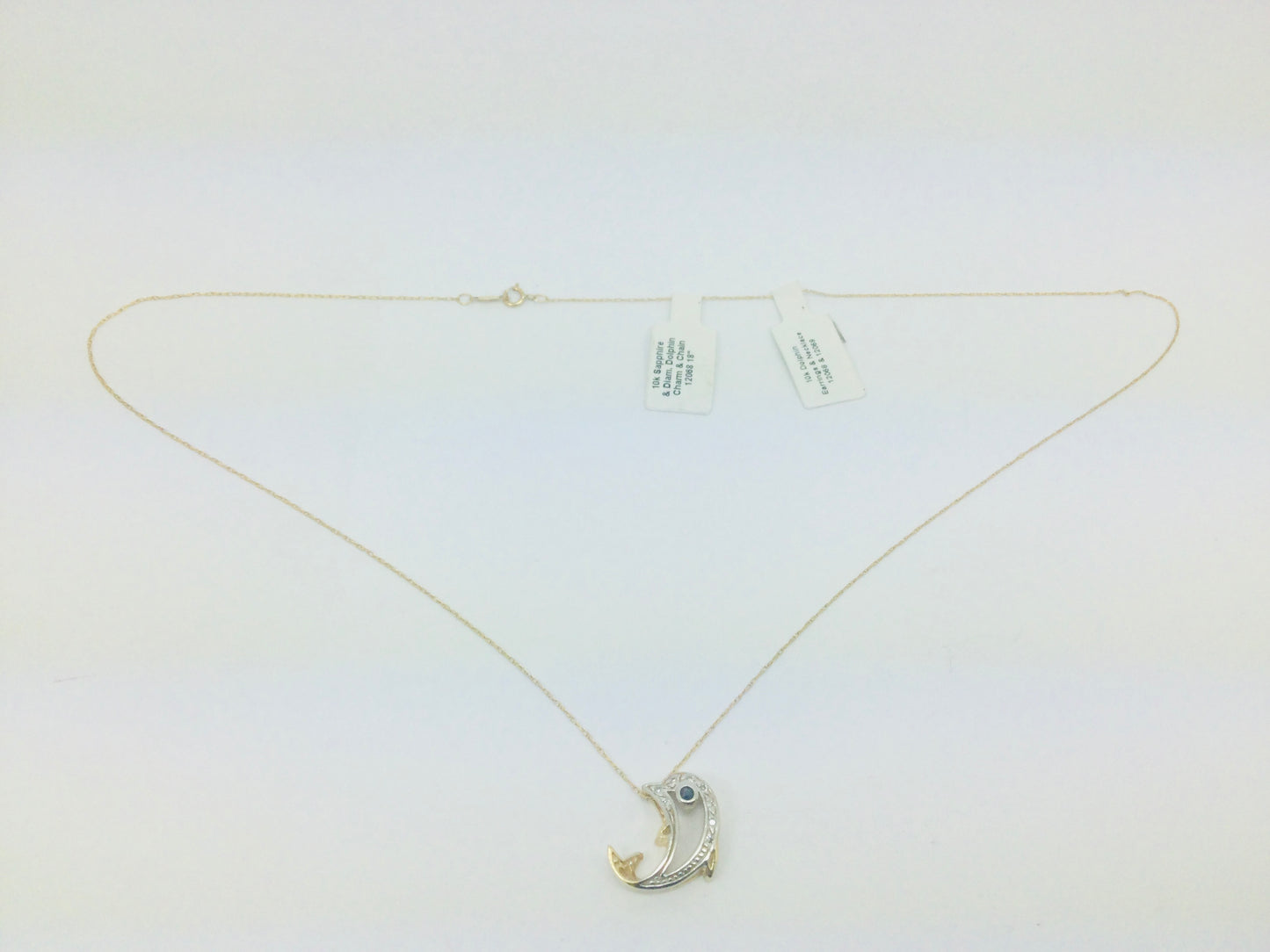 10k Yellow Gold Dolphin with Round Cut Sapphire and 8pt Diamond Necklace and Earring Set