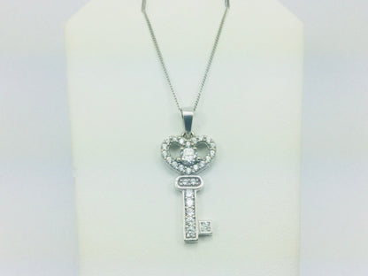 10k White Gold Round Cut Cubic Zirconia (CZ) Heart Key Necklace