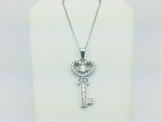 10k White Gold Round Cut Cubic Zirconia (CZ) Heart Key Necklace
