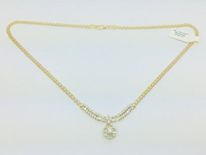 18k Yellow Gold Round And Baguette Cut 1.5ct Diamond Cluster Necklace