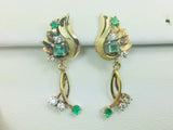 18k Yellow Gold Princess and Round Cut 54pt Emerald and 32pt Diamond Earrings