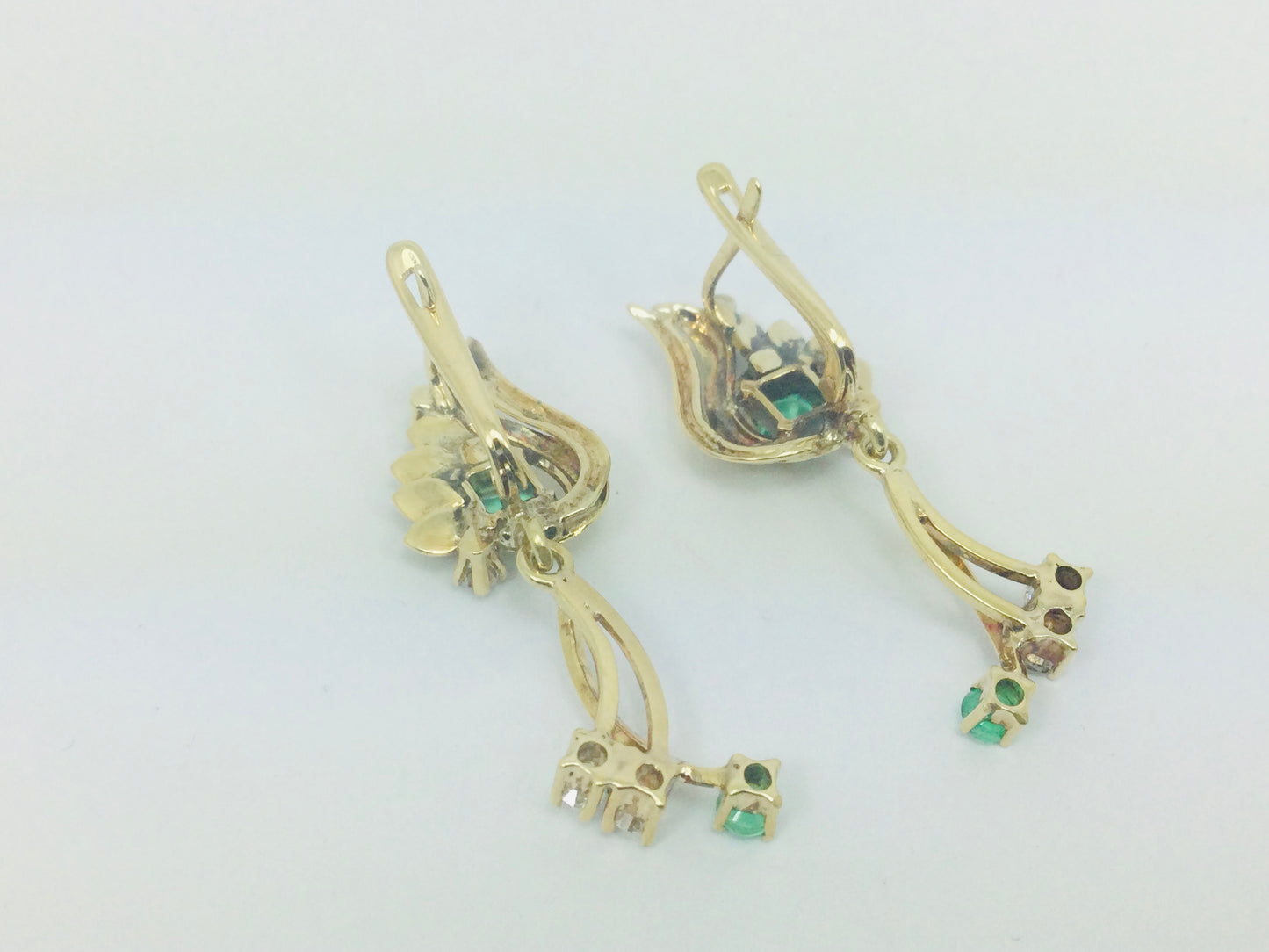 18k Yellow Gold Princess and Round Cut 54pt Emerald and 32pt Diamond Earrings