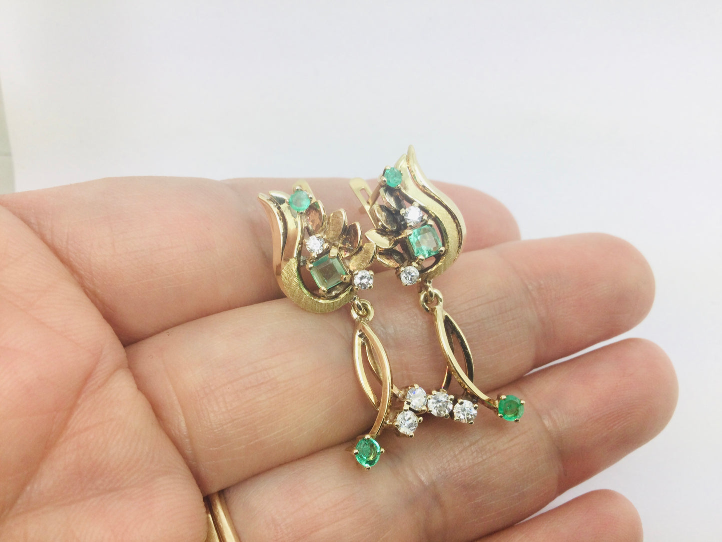 18k Yellow Gold Princess and Round Cut 54pt Emerald and 32pt Diamond Earrings