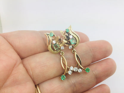 18k Yellow Gold Princess and Round Cut 54pt Emerald and 32pt Diamond Earrings