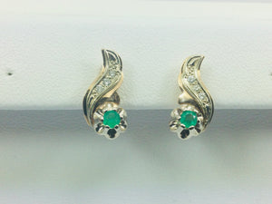 14k Yellow Gold Round Cut 28pt Emerald and 12pt Diamond Earrings