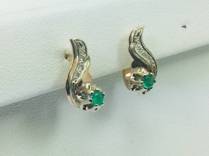 14k Yellow Gold Round Cut 28pt Emerald and 12pt Diamond Earrings
