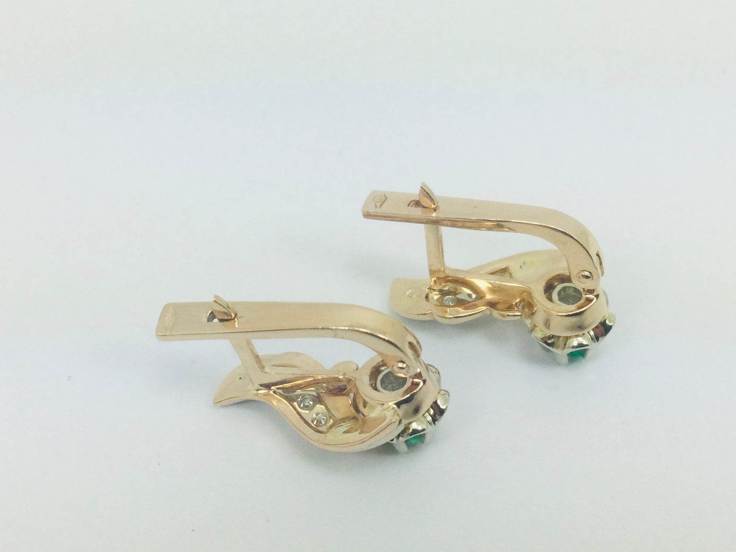 14k Yellow Gold Round Cut 28pt Emerald and 12pt Diamond Earrings