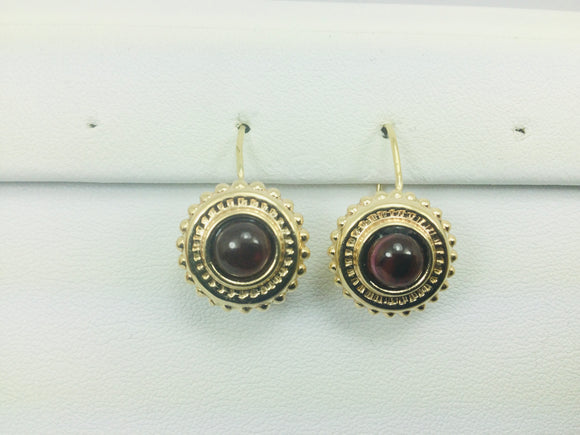 14k Yellow Gold Round Cut Cabochon Garnet January Birthstone Earrings