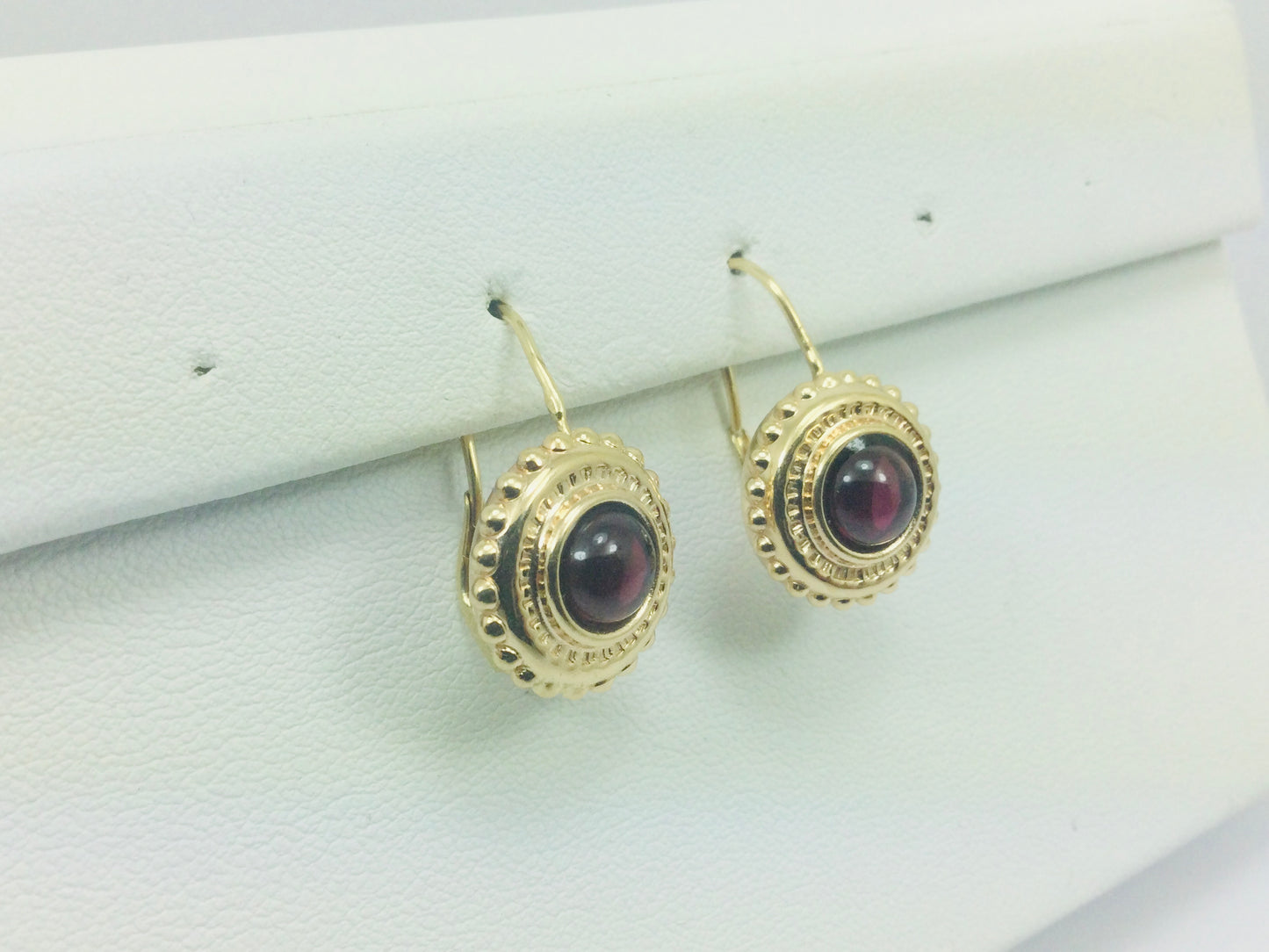 14k Yellow Gold Round Cut Cabochon Garnet January Birthstone Earrings
