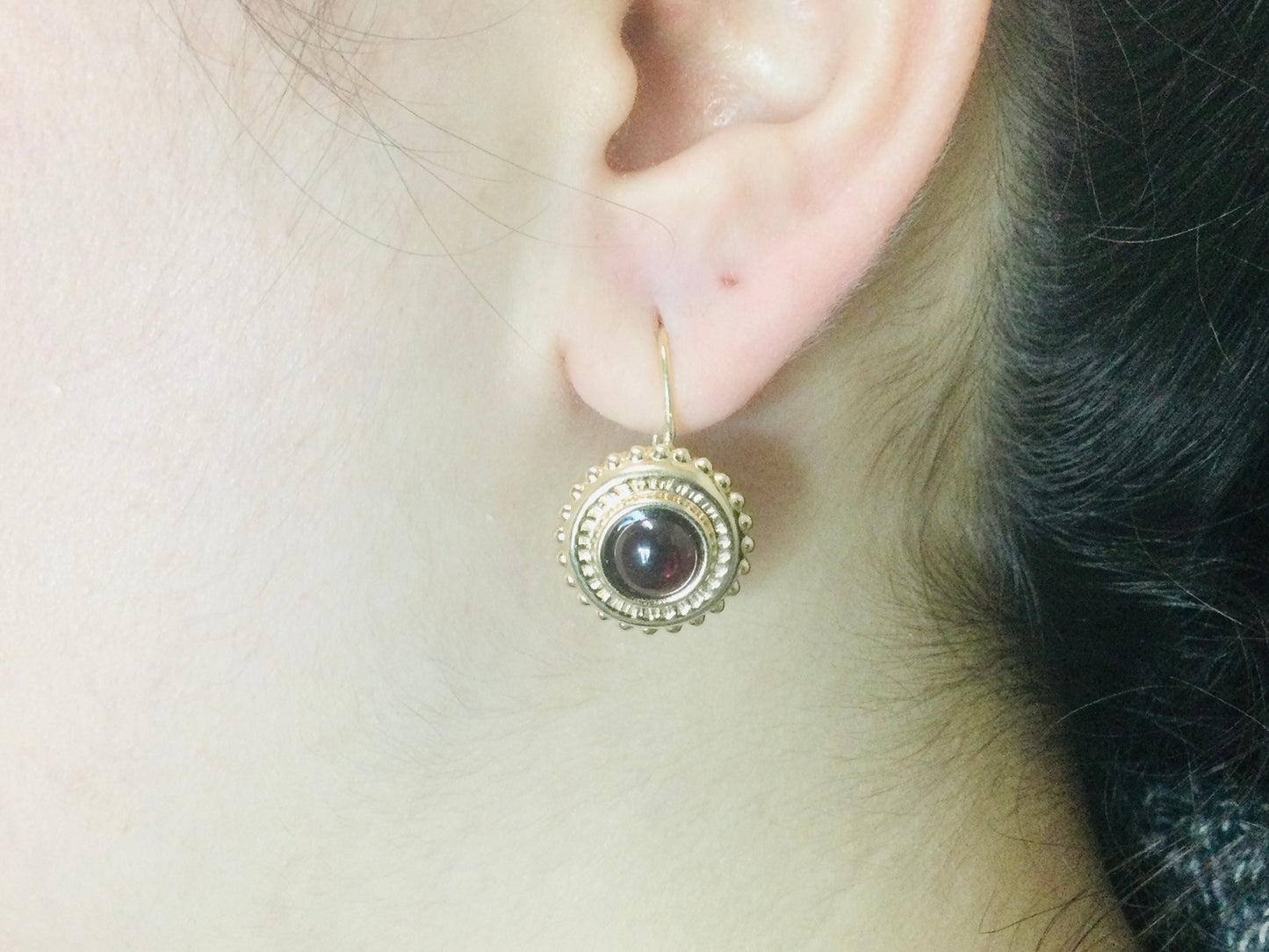14k Yellow Gold Round Cut Cabochon Garnet January Birthstone Earrings