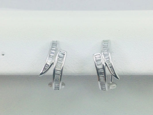 18k White Gold Baguette Cut 0.85ct Diamond Row Set Omega Style Clip Earrings