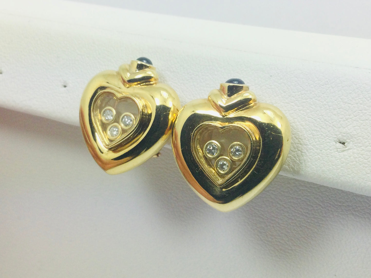 Vintage 14k Yellow Gold Happy Diamonds & Round Cut Sapphire Heart Earrings