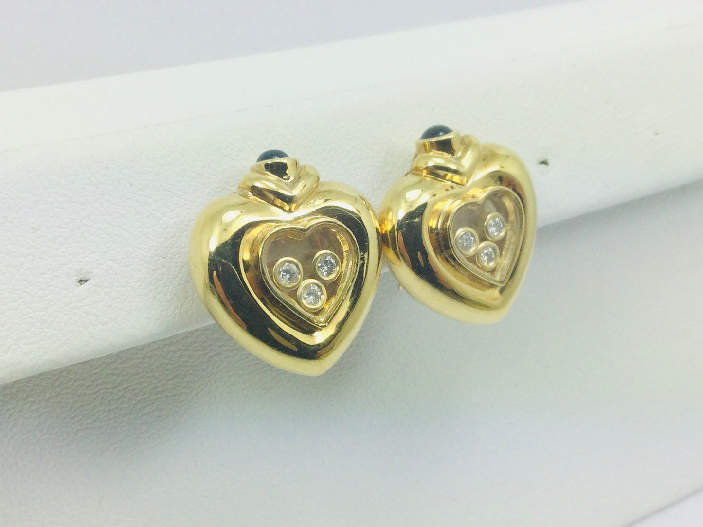 Vintage 14k Yellow Gold Happy Diamonds & Round Cut Sapphire Heart Earrings