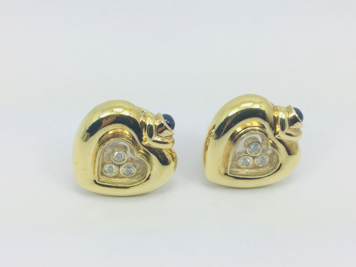 Vintage 14k Yellow Gold Happy Diamonds & Round Cut Sapphire Heart Earrings