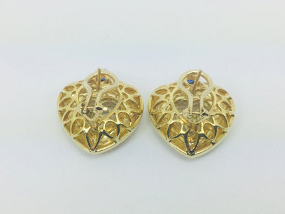 Vintage 14k Yellow Gold Happy Diamonds & Round Cut Sapphire Heart Earrings
