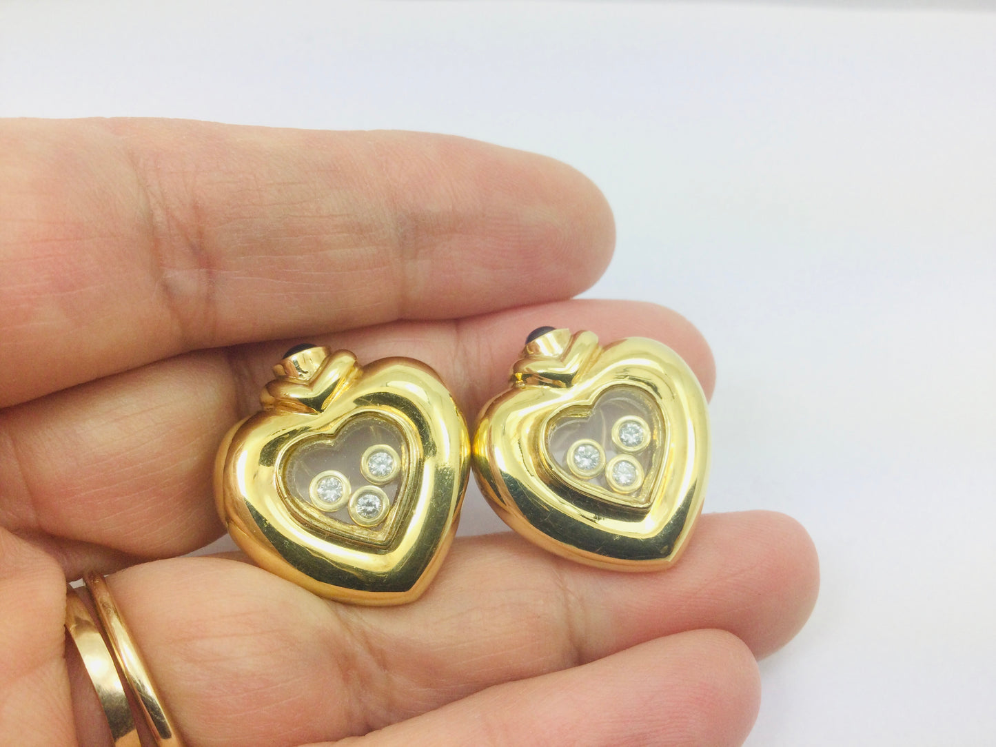 Vintage 14k Yellow Gold Happy Diamonds & Round Cut Sapphire Heart Earrings