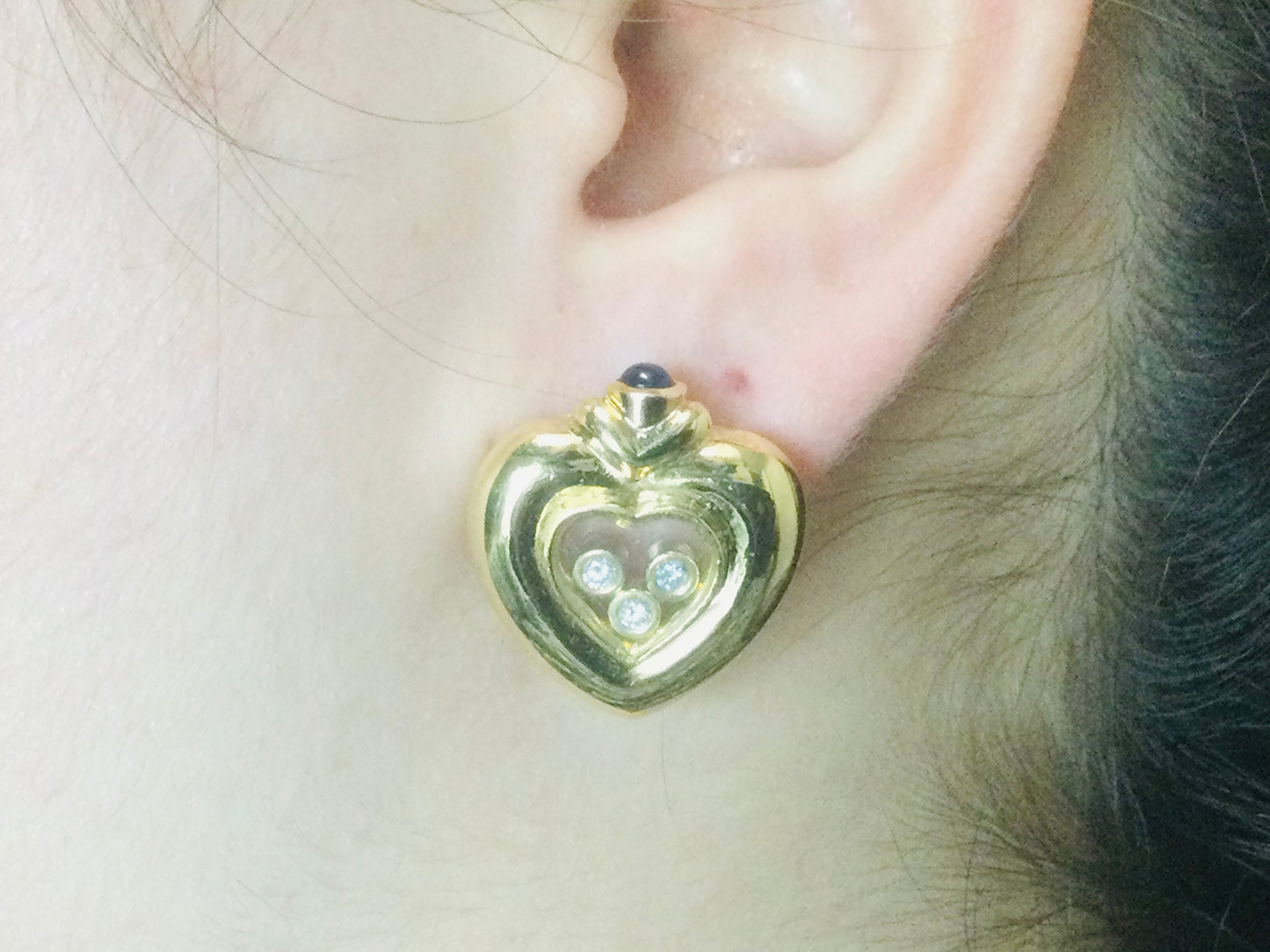 Vintage 14k Yellow Gold Happy Diamonds & Round Cut Sapphire Heart Earrings