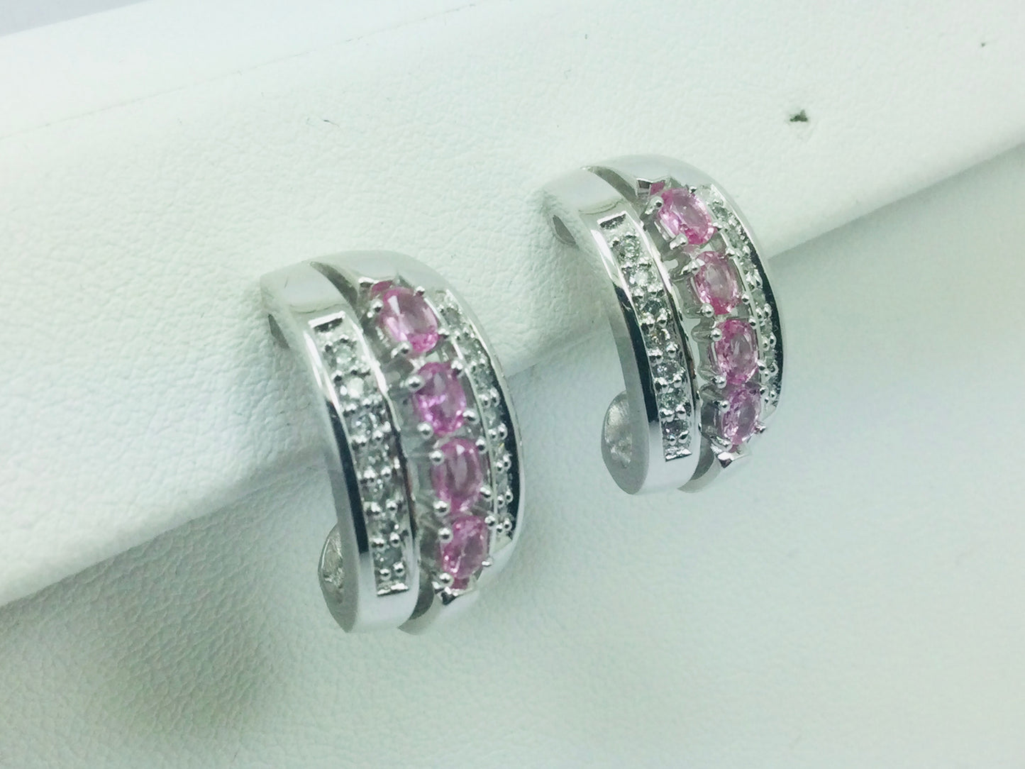 14k White Gold Oval Cut 1.2ct Rose Quartz & 28pt Diamond Earrings