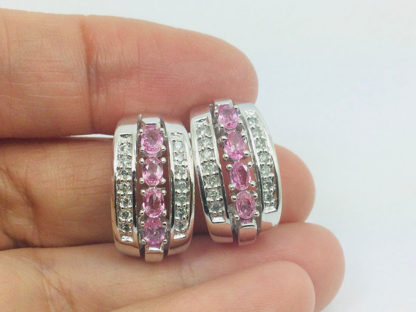 14k White Gold Oval Cut 1.2ct Rose Quartz & 28pt Diamond Earrings