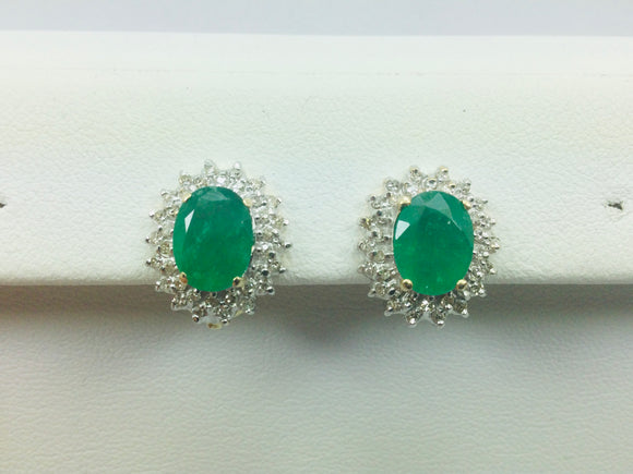 14k Yellow Gold Oval Cut 2ct Emerald & 72pt Diamond Earrings