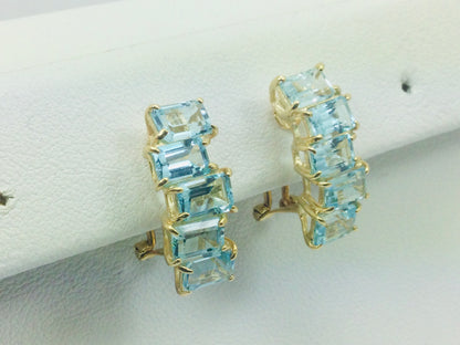 14k Yellow Gold Emerald Cut Blue Topaz Clip-On Earrings