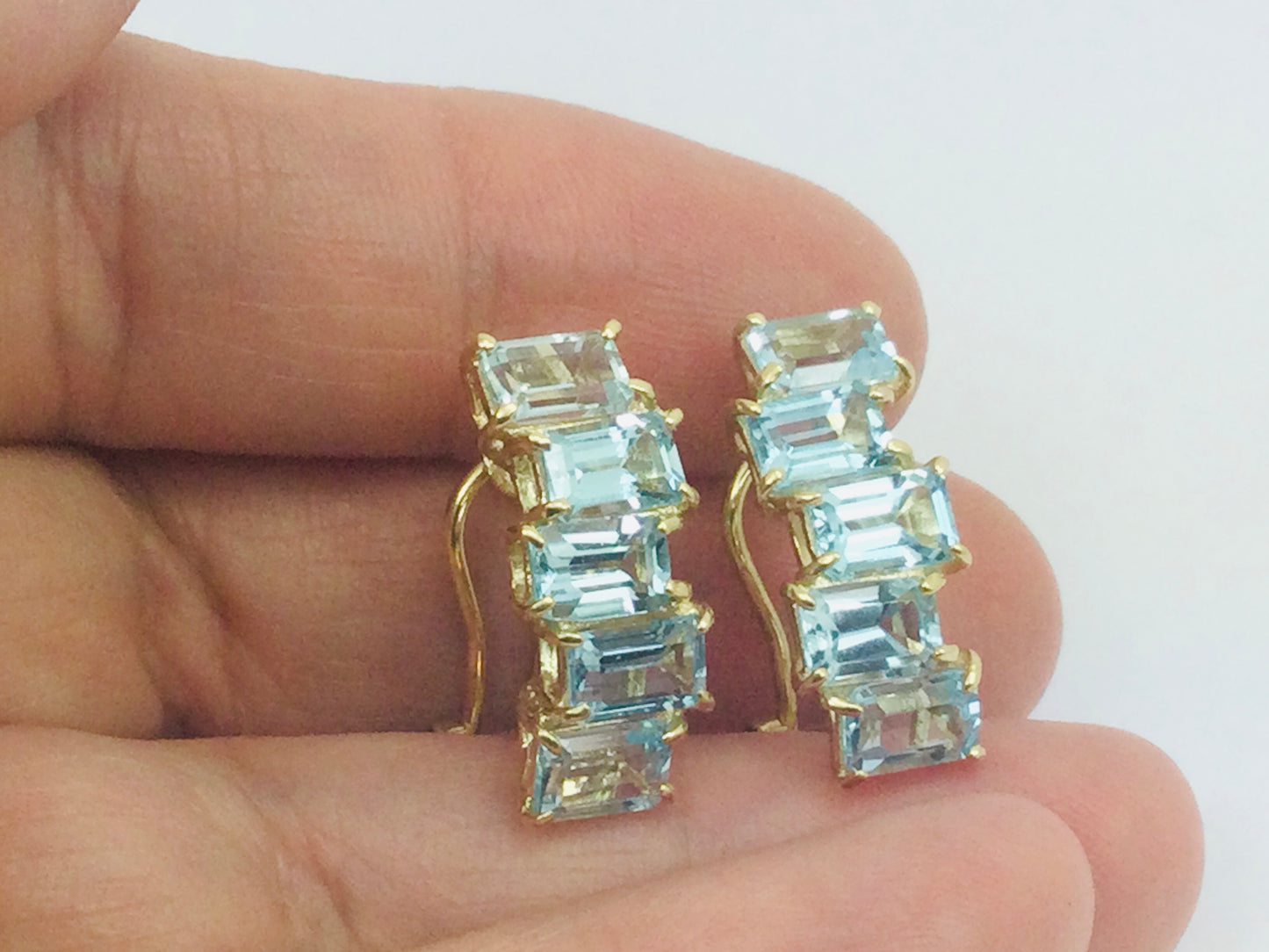 14k Yellow Gold Emerald Cut Blue Topaz Clip-On Earrings